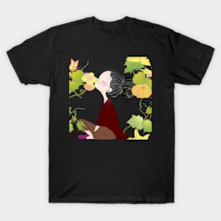 Serene Girl Surrounded by Pumpkin Vines, Blossoms, and Leaves in a Magical Setting T-Shirt